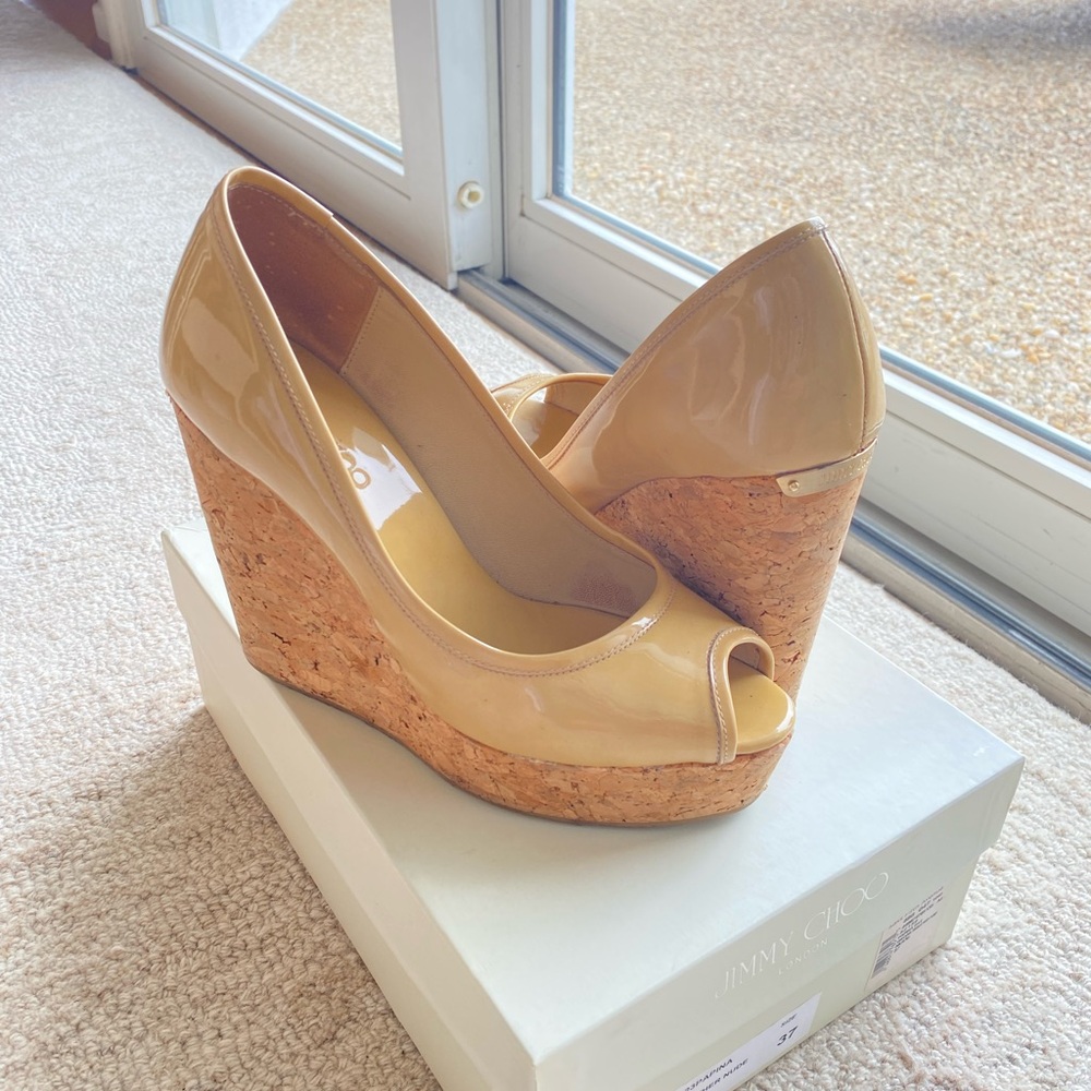 Jimmy Choo Tan Patent Wedges